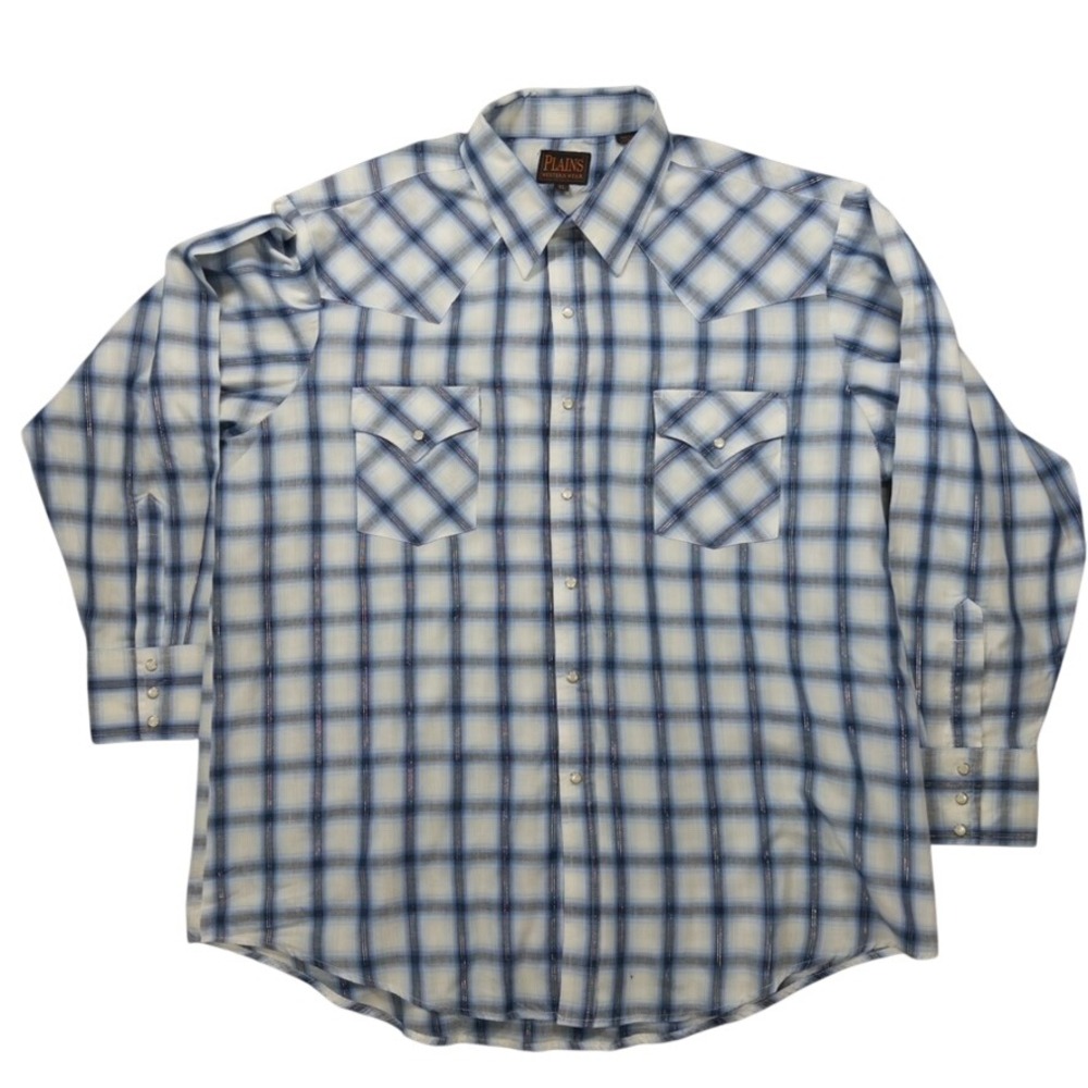 Plains Western Wear Shirt Mens XL Blue Plaid Lurex Metallic Pearl Snap Cowboy